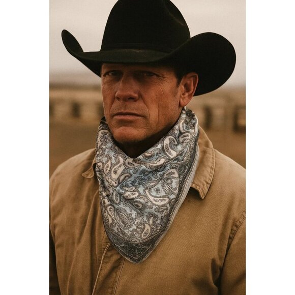 Lt Blue Black White Silver Paisley Satin Scarf Western Wild Rage Boho Chic 23" - Picture 10 of 11